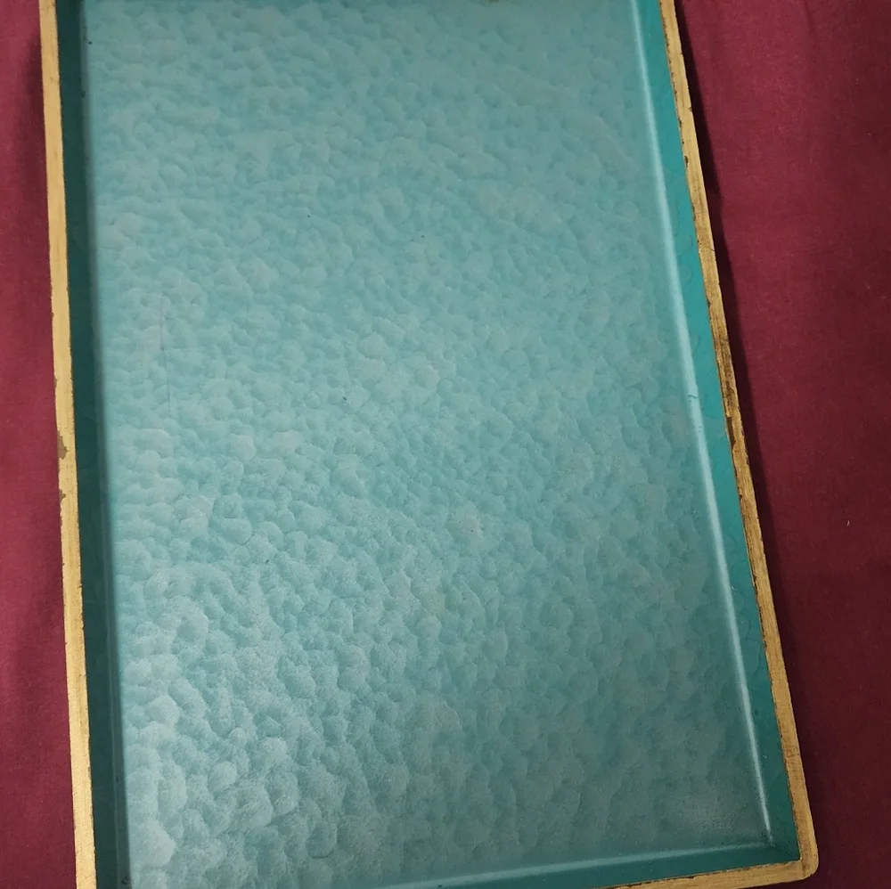 Mid-Century Moire Glaze Kyes Serving Tray Teal Gold MCM Art CA 15.5